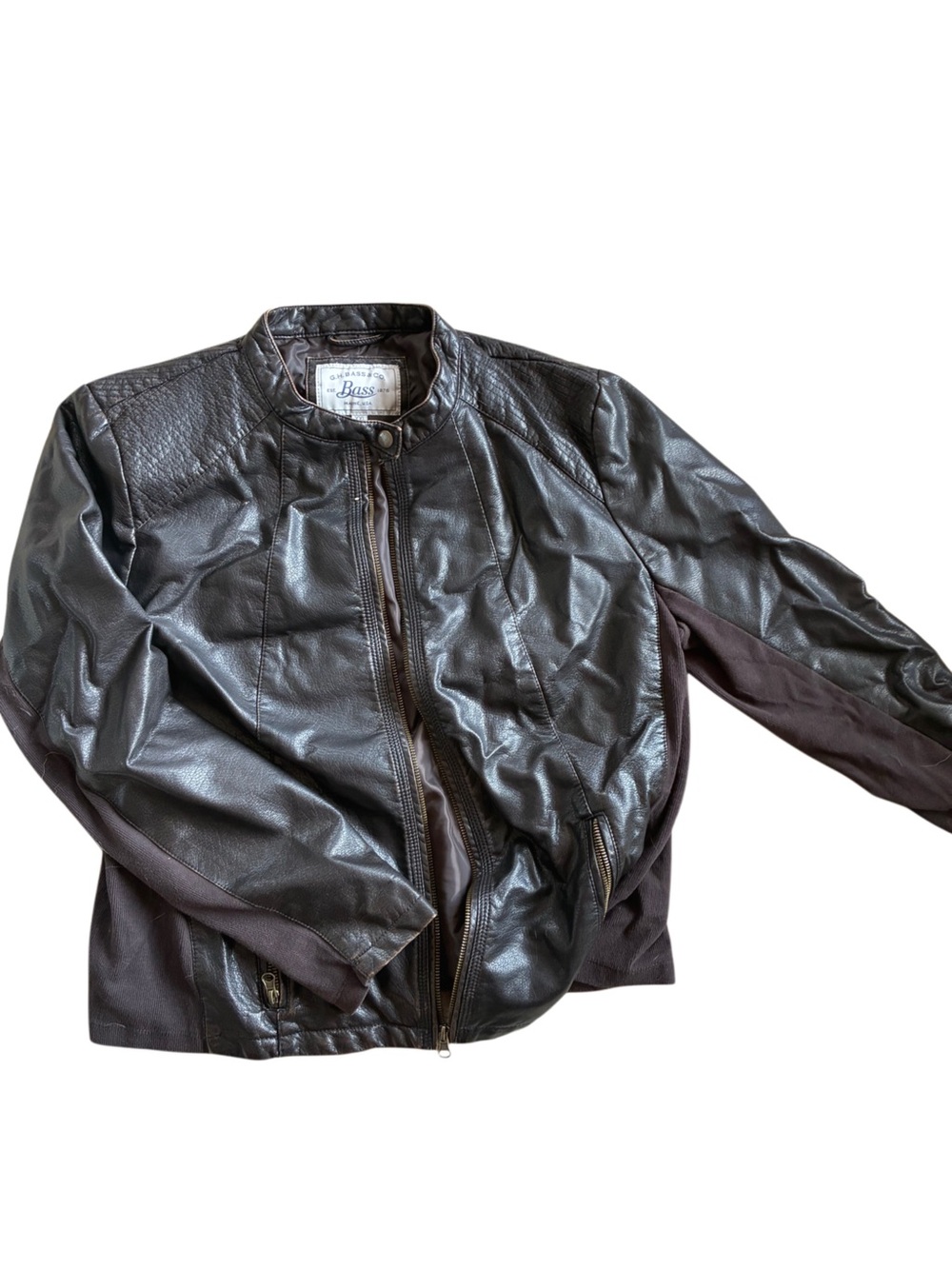 2 Bass Women’s Faux Leather Bomber Jackets - one brown, one black
